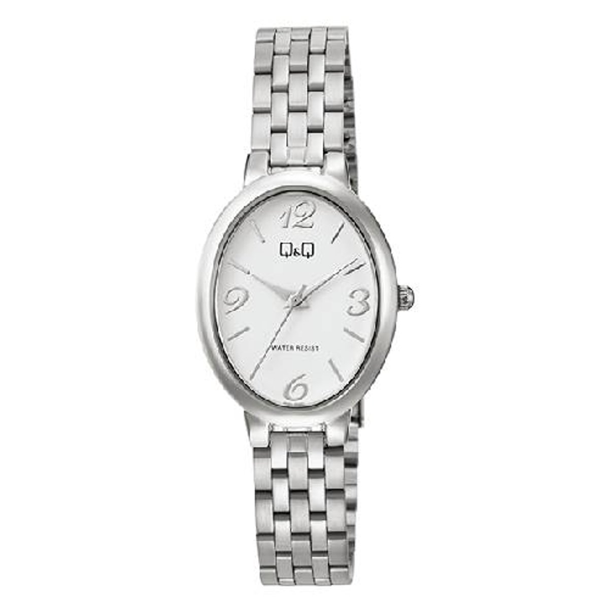 QQ-dames horloge-model q10c-001py-ovaal-duidelijke wijzerplaat-3 bar waterdicht-afmeting 26 x 33 mm-zilverkleurig
