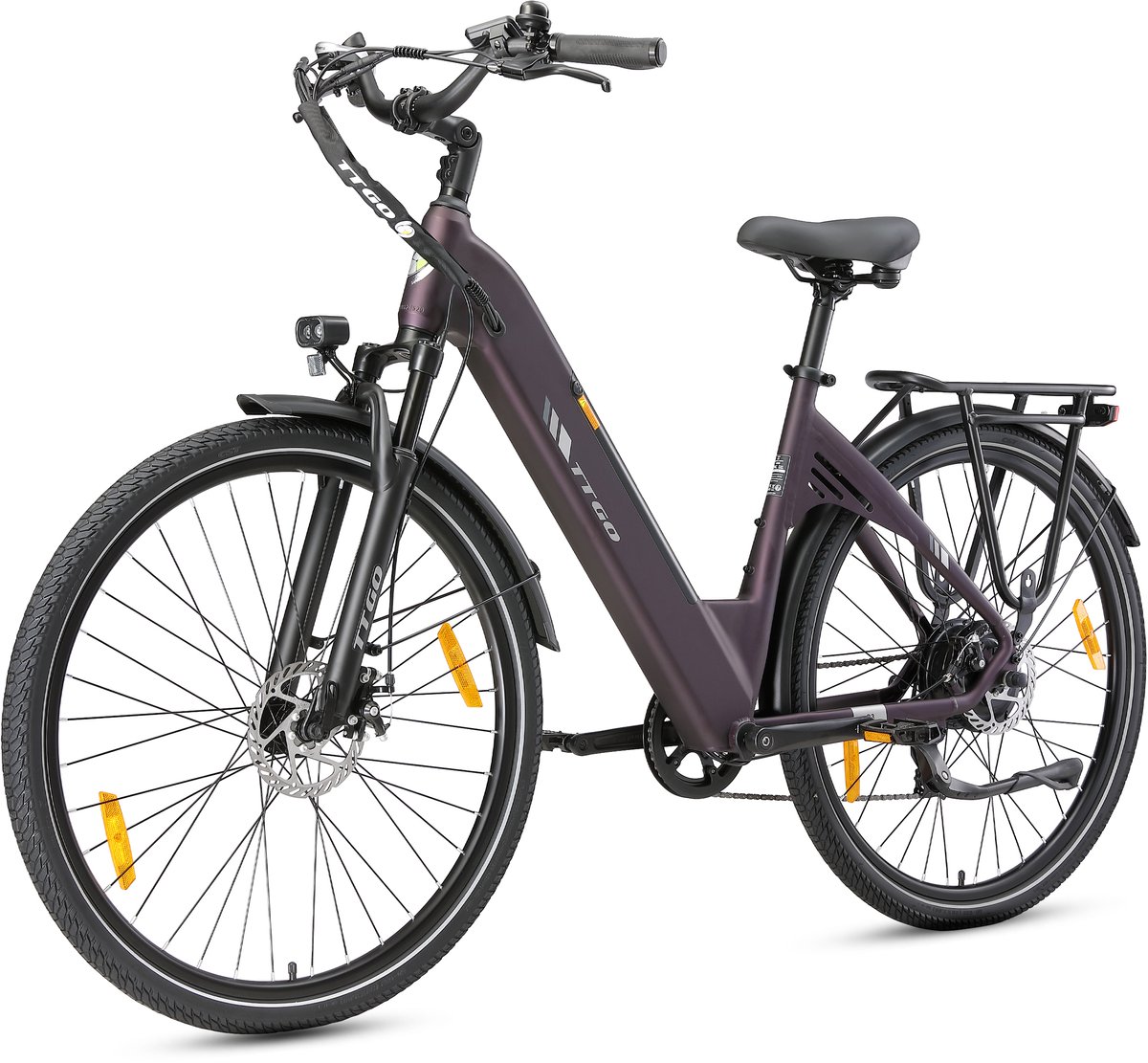 Elektrische Fiets TTGO C3 - 36V 18AH Accu - Actieradius Tot 120 Km - 28×2.0 Inch Wielen- Aluminium Lage Instapframe -Shimano 7 Versnellingen - Mechanische Schijfremmen - LCD Display - Elektrische Stadsfiets - paars thumbnail 2