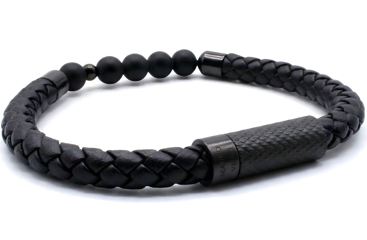 Leren kralen armband combinatie Moon Mauro Vinci - 19,5cm armbanden met geschenkverpakking - Zwart - Sieraden voor mannen