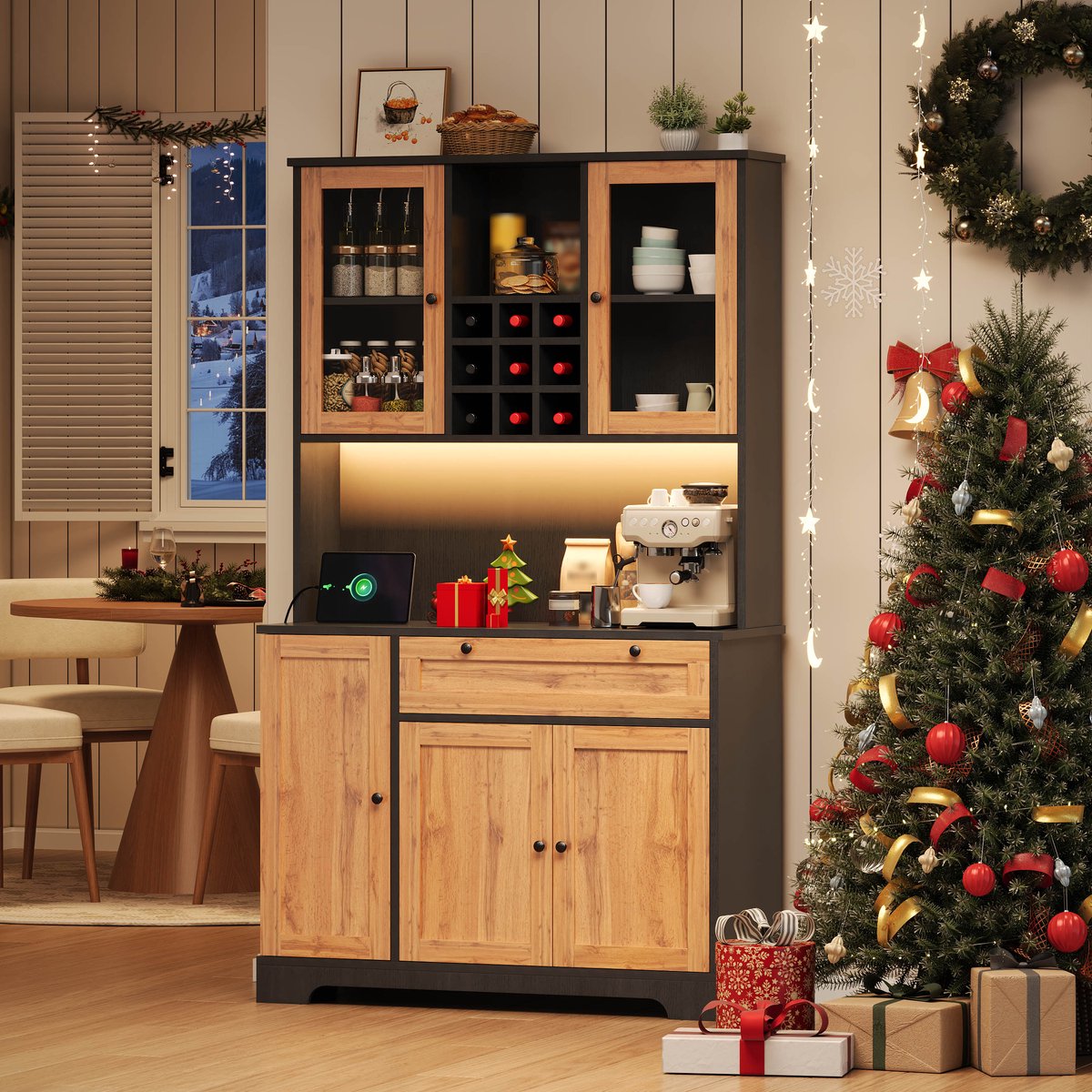 Keukenkast - 180x105x40 cm - Buffetkast met Ledverlichting - Kruidenrek en Stopcontact - Hout - Zwart en Natuur