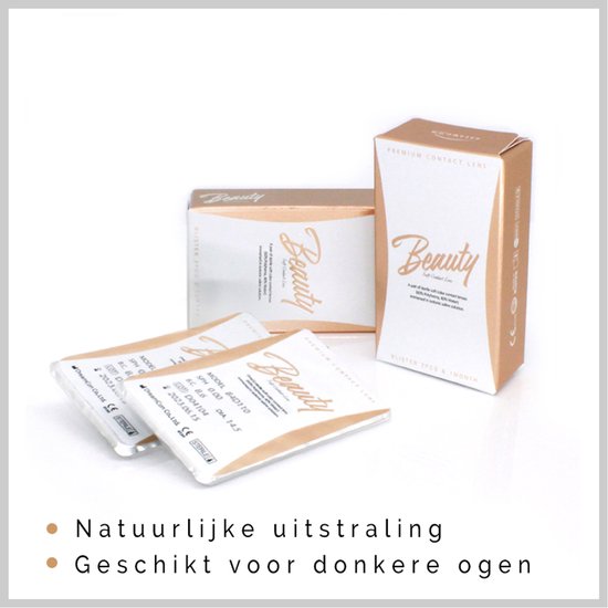 Drie verpakkingen van Beauty contactlenzen met de tekst "Beauty" in gouden letters.
