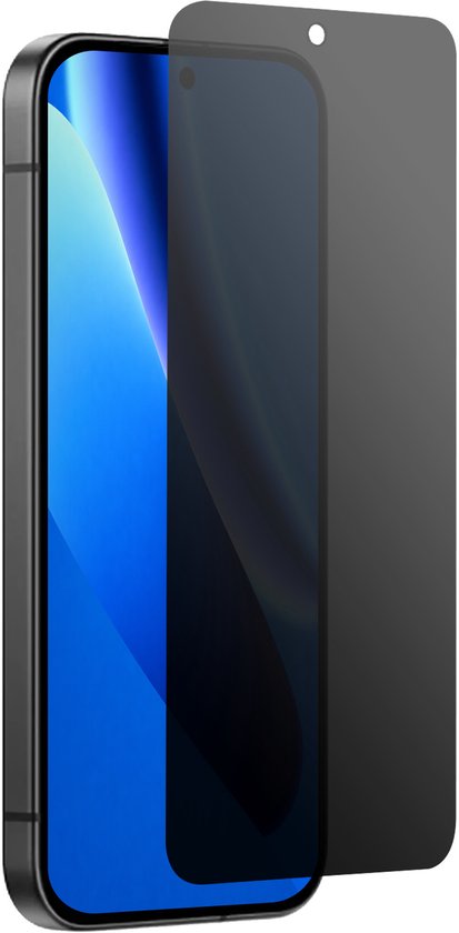 Privacy screenprotector op een smartphone. De screenprotector is donkergrijs.