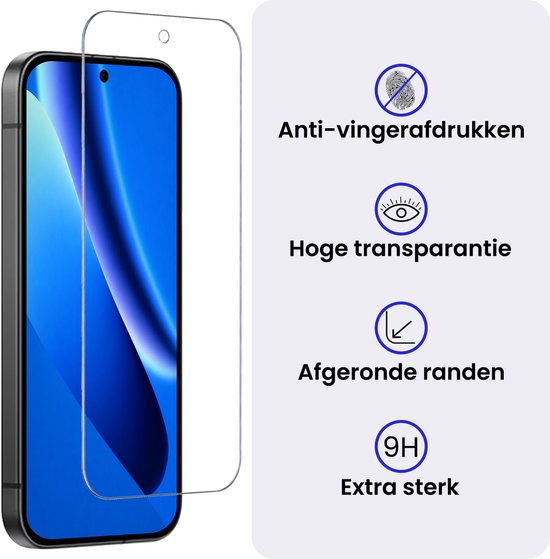 Screenprotector met anti-vingerafdrukken, hoge transparantie, afgeronde randen, 9H extra sterk.