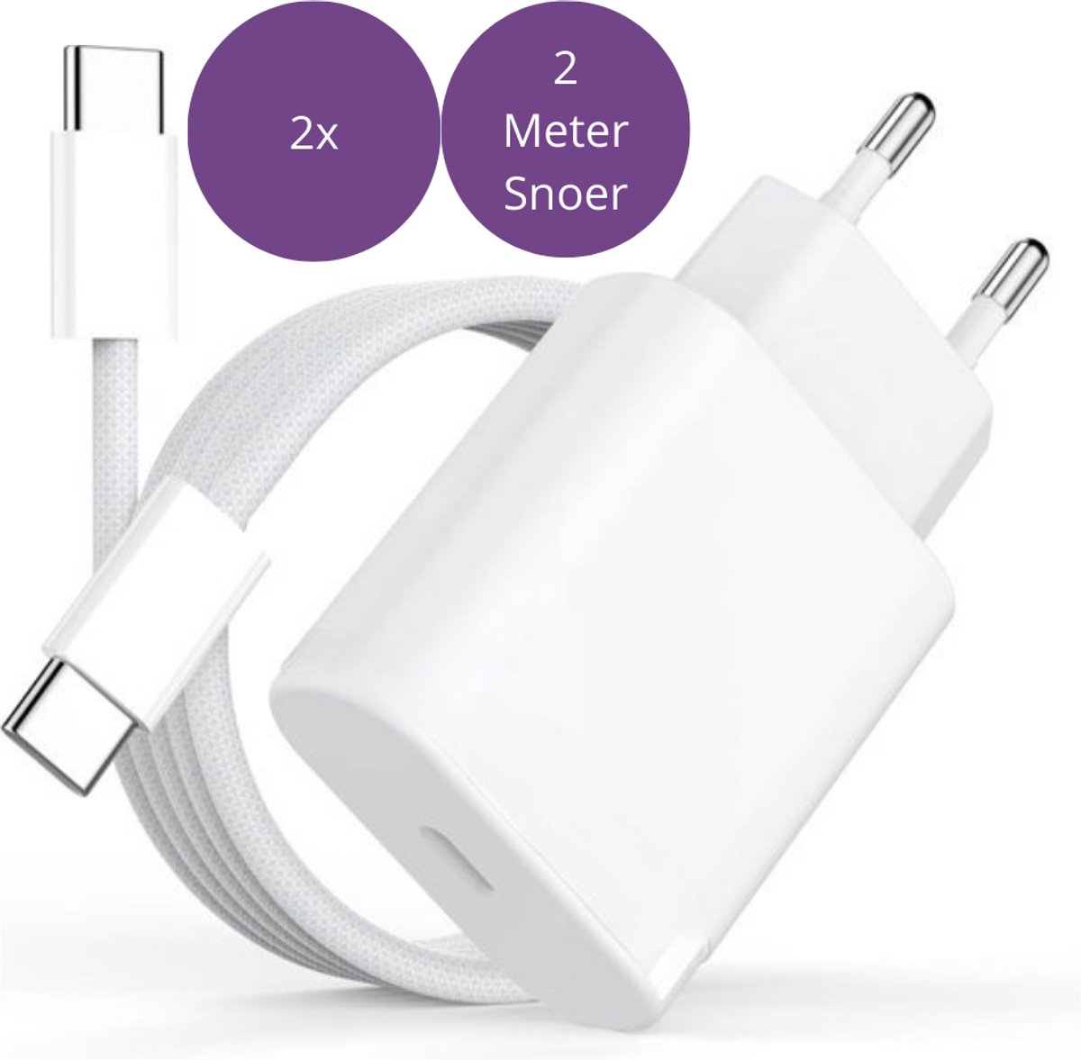 Viewr 2x 30W Snellader Set – 2M Gevlochten USB-C Kabel + Krachtige Adapter voor Supersnel Opladen - Geschikt voor Geschikt voor alle USB-C Apparaten - 2 Stuks
