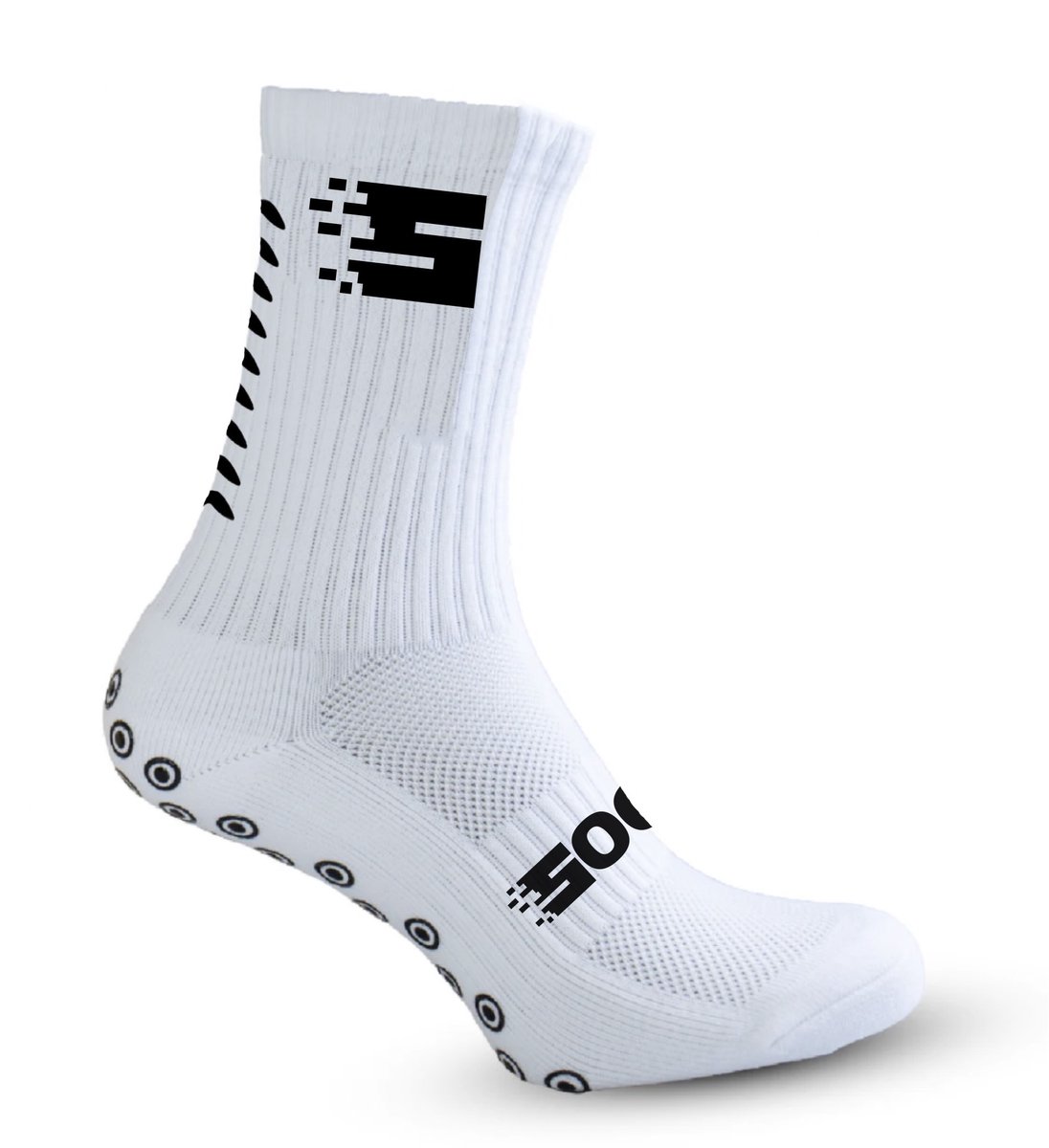 Witte SOCKZ gripsokken met antislip en zwarte logos, ontworpen voor maximale grip en controle tijdens het voetballen.