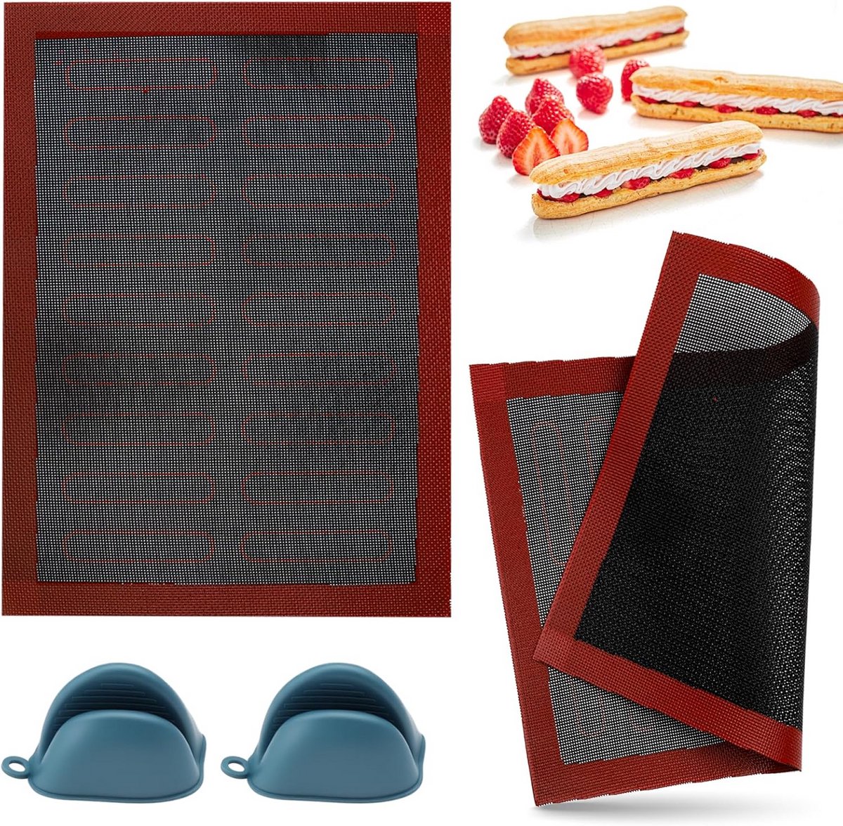 2x Herbruikbare Antiaanbak Siliconen Bakmat Ovenmat 40x30 cm met Antiverbrandingsclips