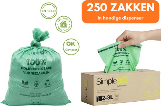 Sacs poubelles 100% compostables vert clair, 2-3L, 250 pièces en distributeur. Certifié EN-13432 et OK Compost.