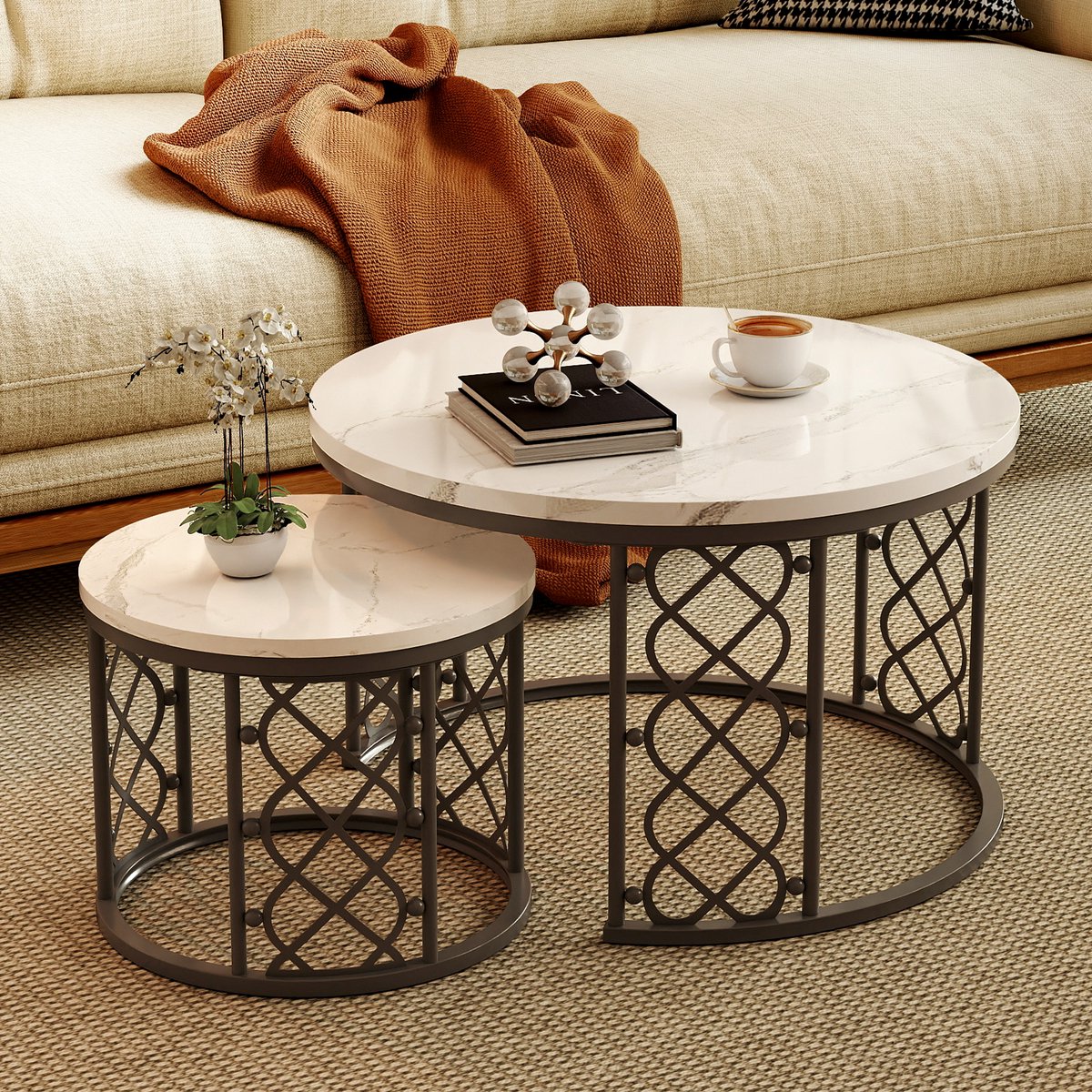 MIVRAY Design Salontafel Set - Tweedelige Salontafels Voor Woonkamer - Metaal Frame - Marmerlook Wit En Zwart