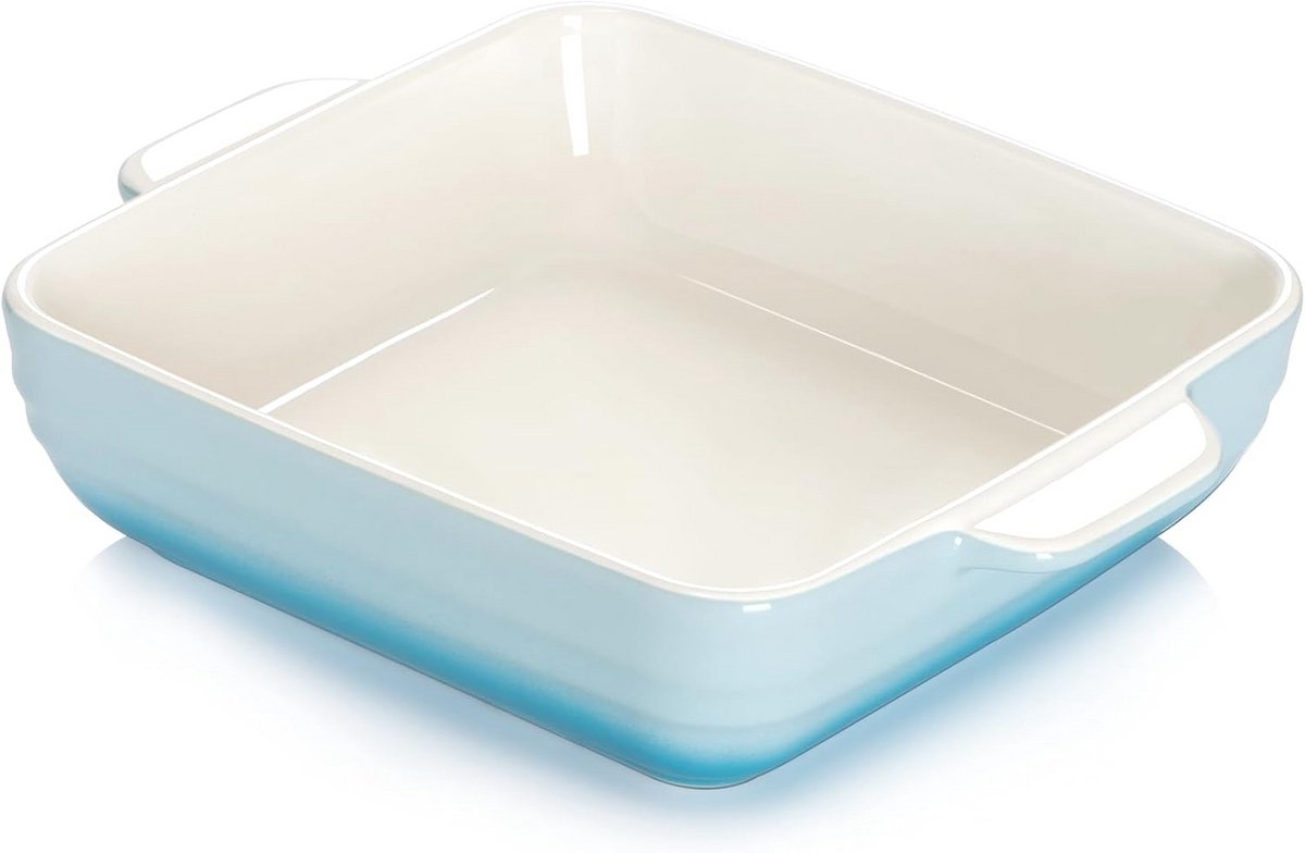 Vierkante keramische bakschaal 20x20 cm met handgrepen voor oven en tafel