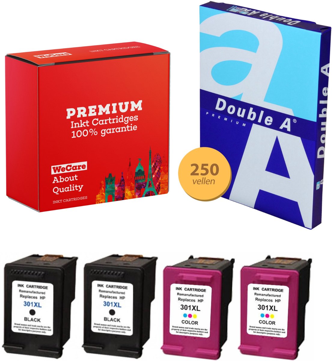 4-pack Geschikt voor HP 301XL Inktcartridges + pak DoubleA papier - Geschikt voor HP Deskjet 1000 - 3510 - HP Envy 4500 - 5530 - Officejet 2620 - 4630