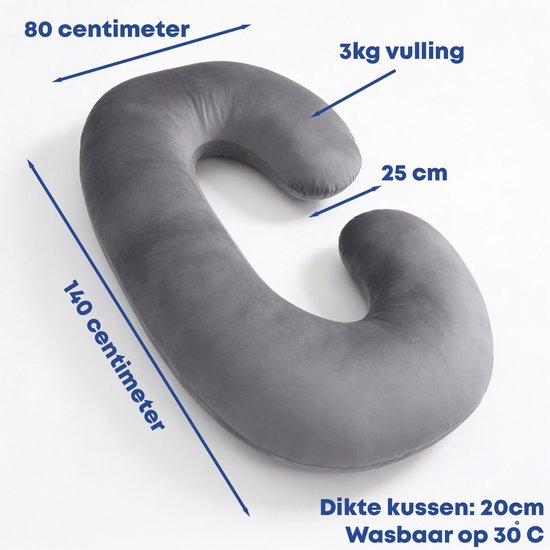 Earkings Zwangerschapskussen Zijslaapkussen 140x70cm C-vorm met Afneembare hoes - Body Pillow donkergrijs van Earkings — afbeelding 5