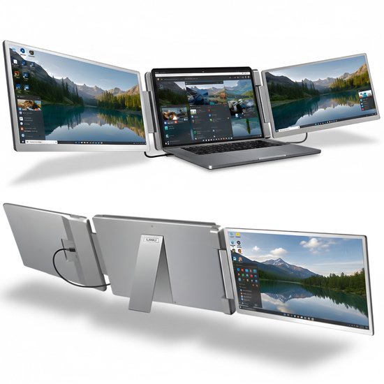 14″ Triple Portable Monitor USB-C HDMI, Full HD IPS, 3 schermen voor laptops tot 15.6″, 360° draaibaar scherm