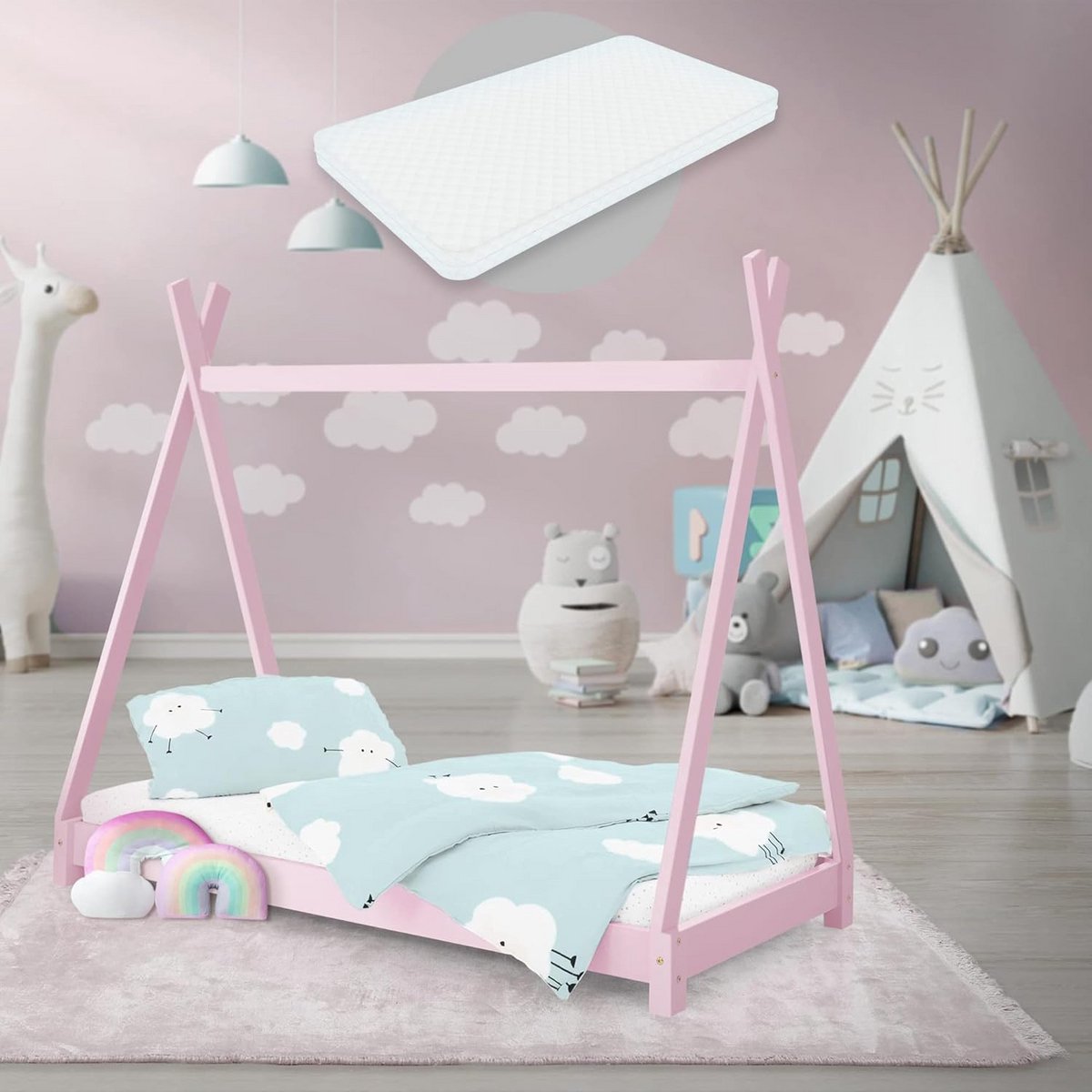 Tipi Kinderbed Huisbed 70x140 cm Roze met Koudschuim Matras en Lattenbodem