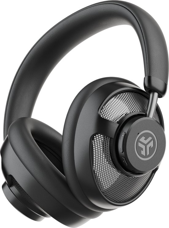Zwarte JLab open-ear koptelefoon met mesh details, close-up.