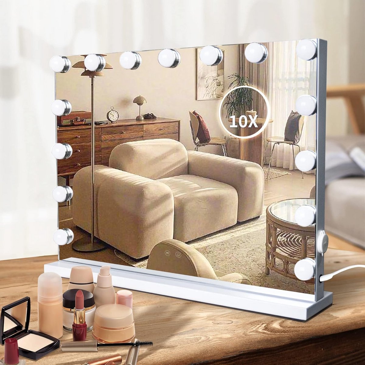 Hollywood Make-up Spiegel met 15 Dimbare LED Lampen en 10x Vergroting