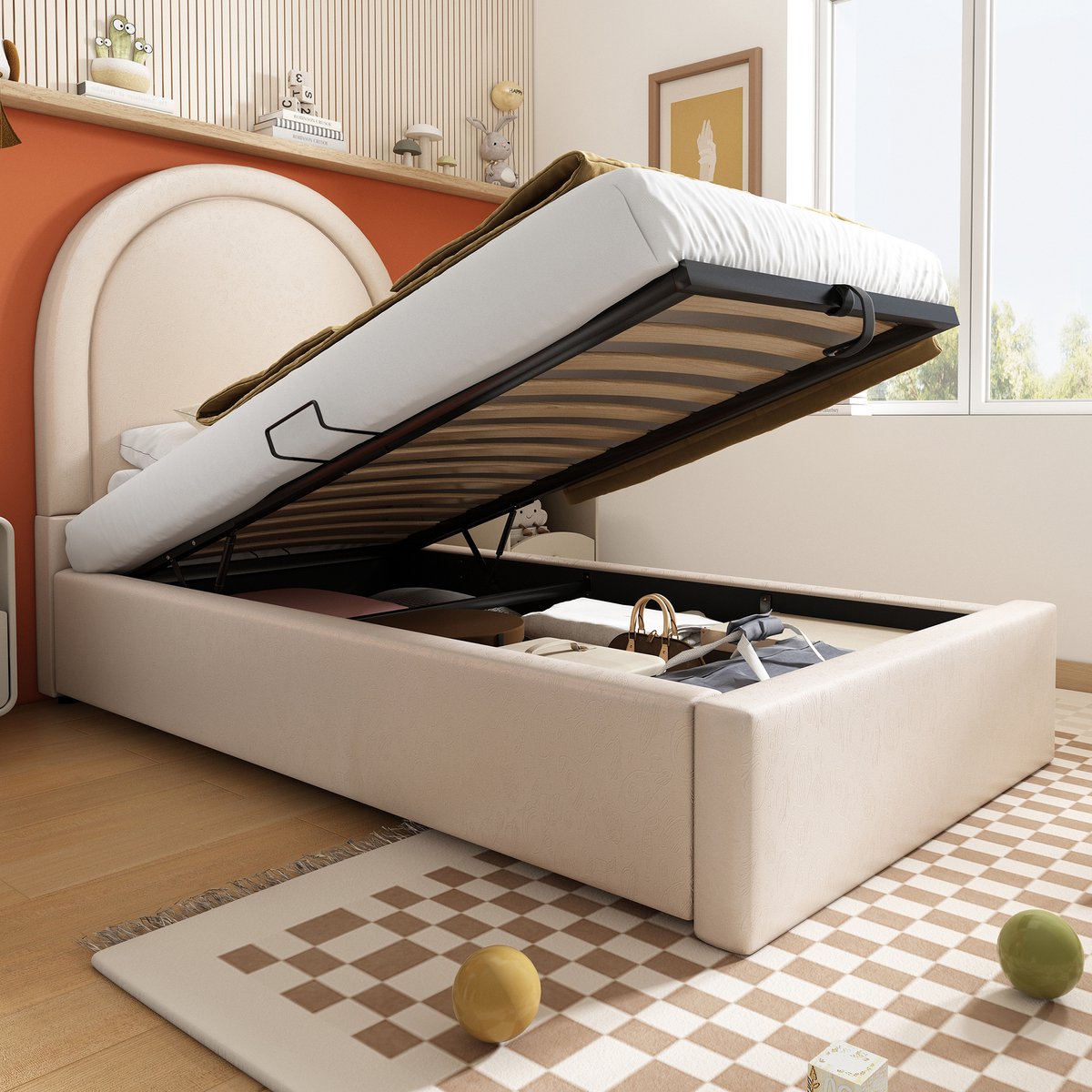 REDOM Gestoffeerd Bed – 140x190 cm – Met lattenbodem & hoofdbord – Fluweel – Beige