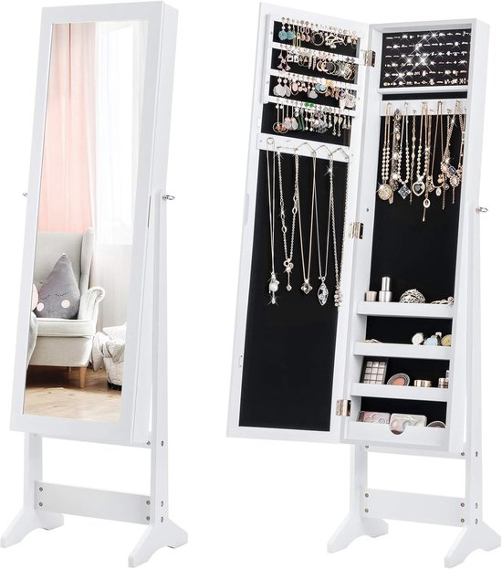 Gedeeltelijk open witte spiegelkast met sieraden en make-up, naast een gesloten spiegel.