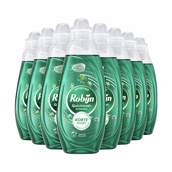 Groep Robijn Quickwash Spring Blossom wasmiddelflessen met groene patronen.