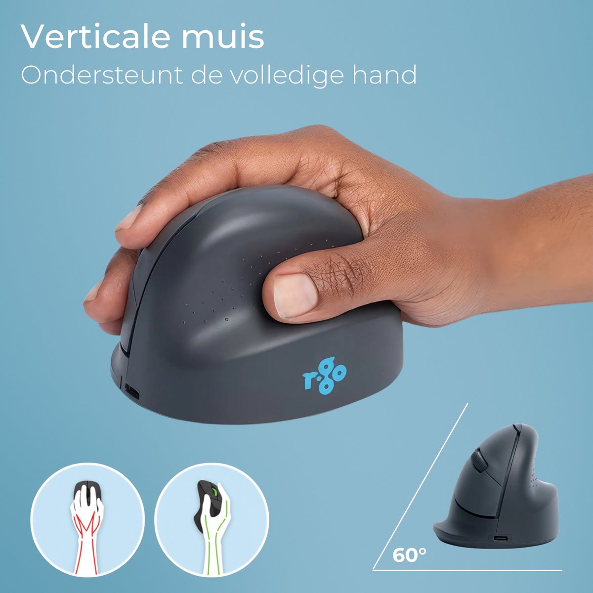 R-Go Ergonomische Verticale Muis HE Basic - Bluetooth - Draadloos en Oplaadbaar - Rechtshandig - Maat M - Grijs (Outlet) thumbnail 3