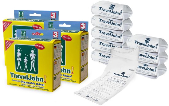 TravelJohn Plaszak - 9 stuks - 800 ml - Lekvrij & Geurloos - Unisex Wegwerp Urinaal - Reis toilet - Noodtoilet - PET
