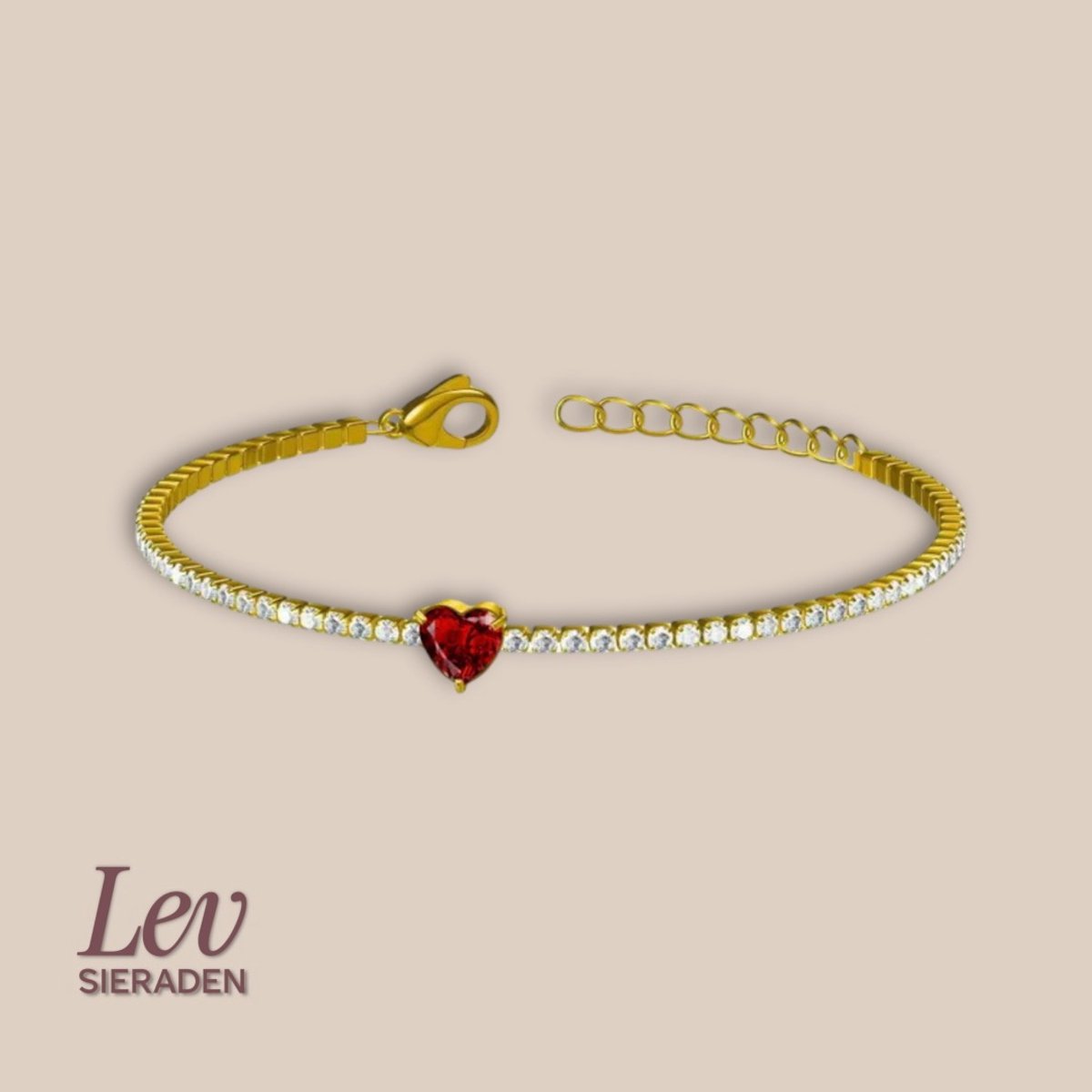 Lev Sieraden - klassieke Tennisarmbandje in goud met Zirkonia en rood hartje - 17.8+3cm - Armband - Hartjes steen - RVS Goud plated