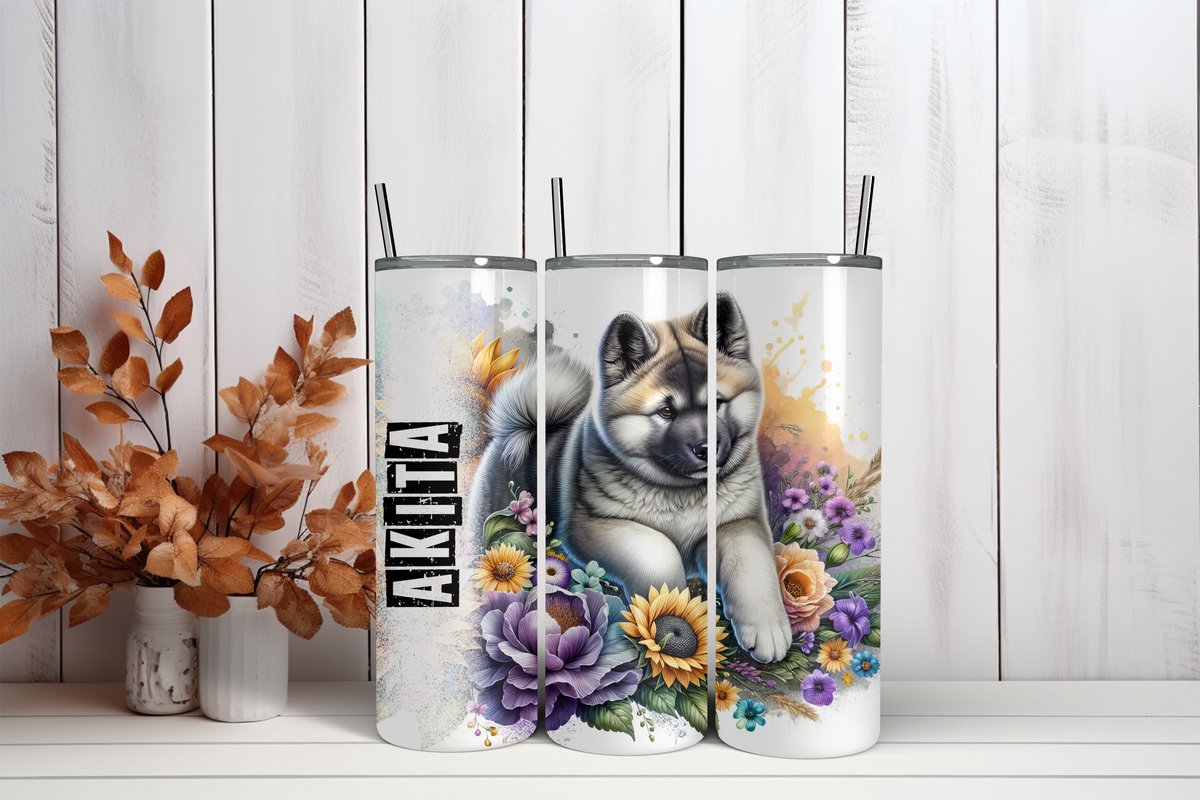 Thermosbeker Akita inu pup - 600 ml RVS Tumbler met Rietje - Cadeau - Schoolbeker - Antilek dop - Vaatwasserbestendig - Werkbeker - To go beker - Zomaar