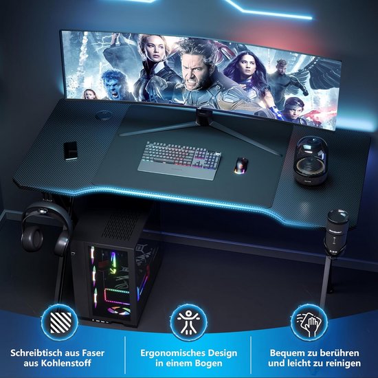 Gamer Bureau Zwart 140x60 cm met Kophouder en Headset Haak - Stevig X-Frame — afbeelding 4