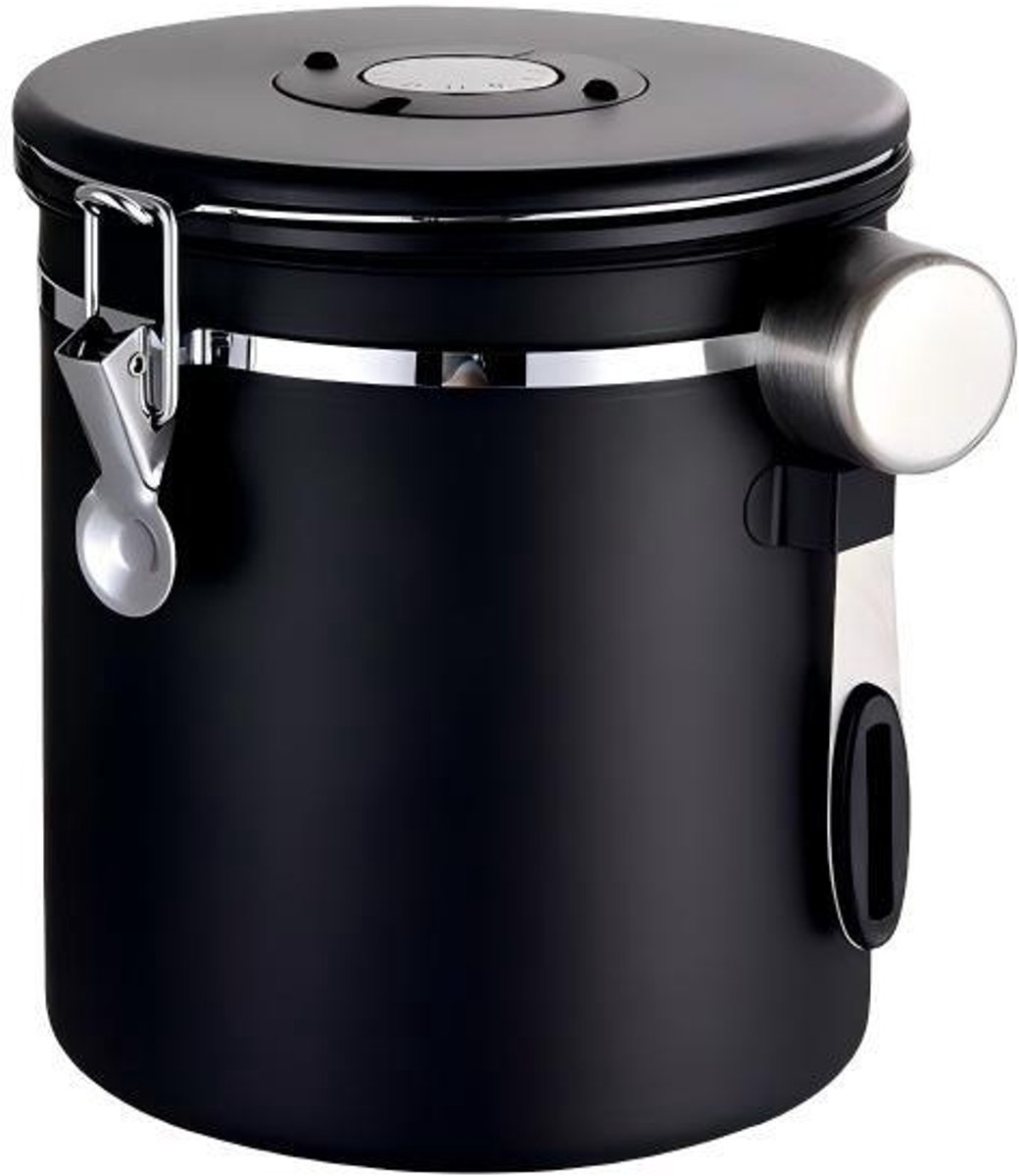 Verzegeld roestvrijstalen koffieblik - vacuüm koffieblik - 2500ml koffiebonencontainer - met roestvrijstalen lepel - houdt theenoten en cacao langer vers - 16,7*16,7*13,5cm-zwart