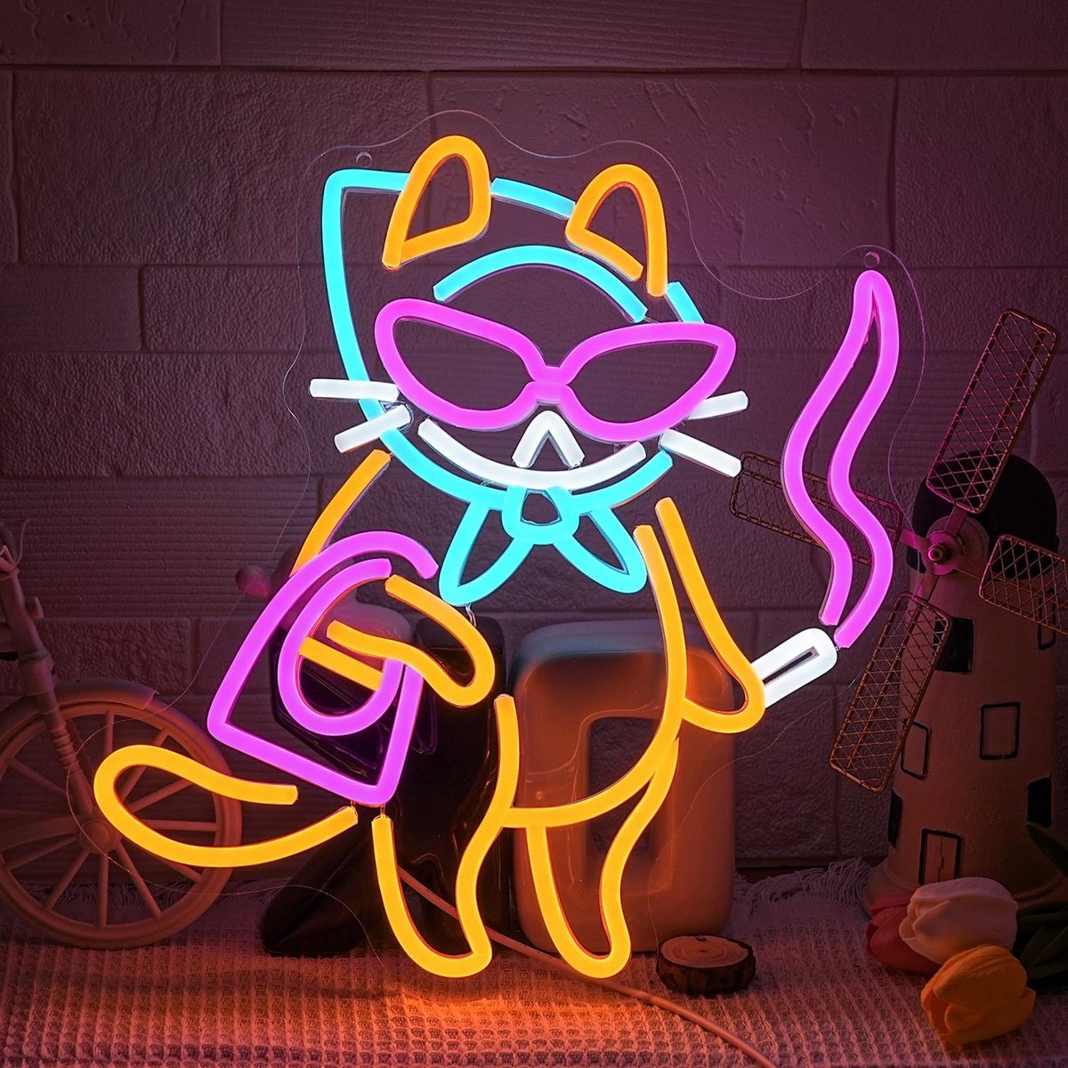 Dimbare LED Neon Wandlamp Kat met Bril voor Slaapkamer en Bar Decoratie