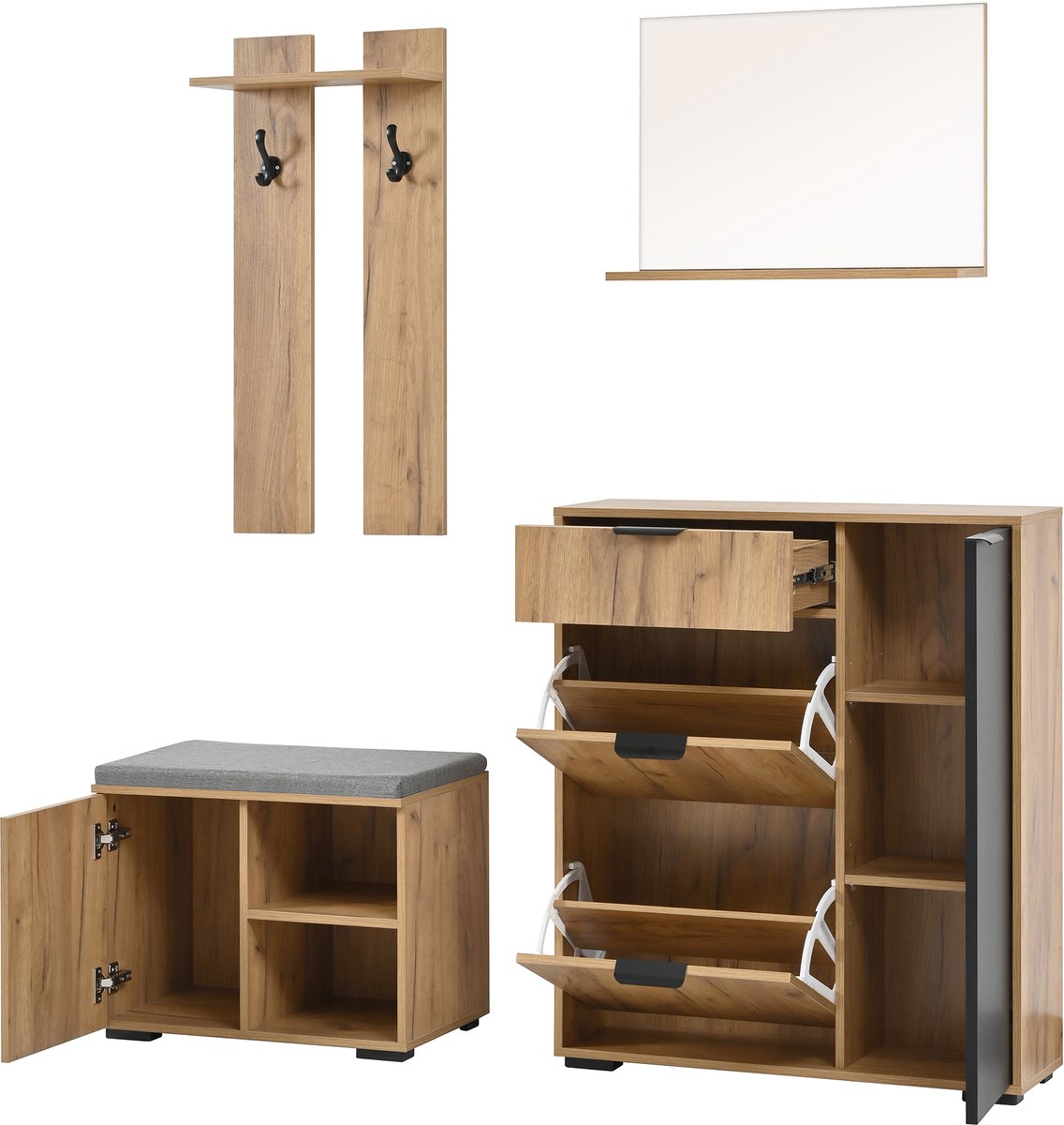 Wandgarderobe - kledinggarnituur - met schoenenbank en schoenenkast - met spiegel - laden - haken - 4 deuren - houtkleur en zwart - 140x35x139 cm