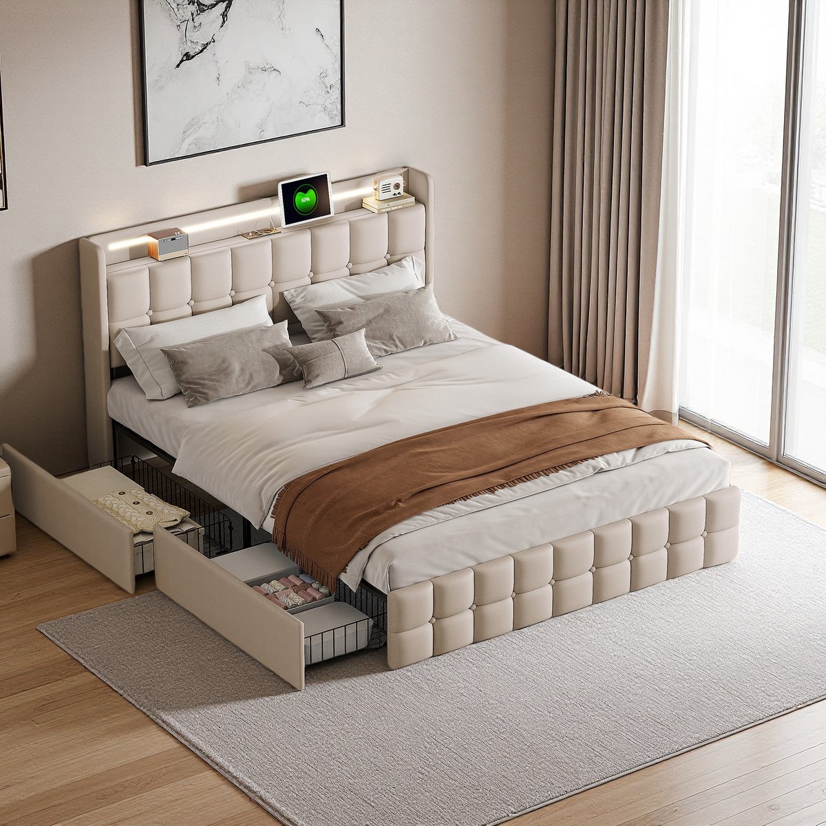 Gestoffeerd bed 160x200cm, hoofdbord met ledverlichting en oplaadpoort, opbergbed met 4 lades, opbergbedframe, lattenbodem, beige beddengoed