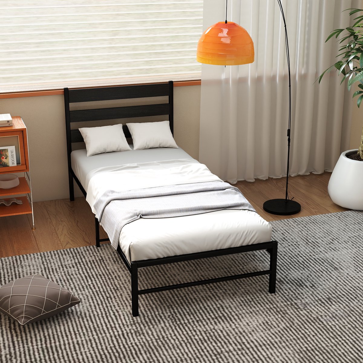 REDOM Metalen Bedframe – 90x200 cm – Met Hoog Hoofdbord – Stalen Lattenbodem – 27 cm Opbergruimte – Zwart – Vintage