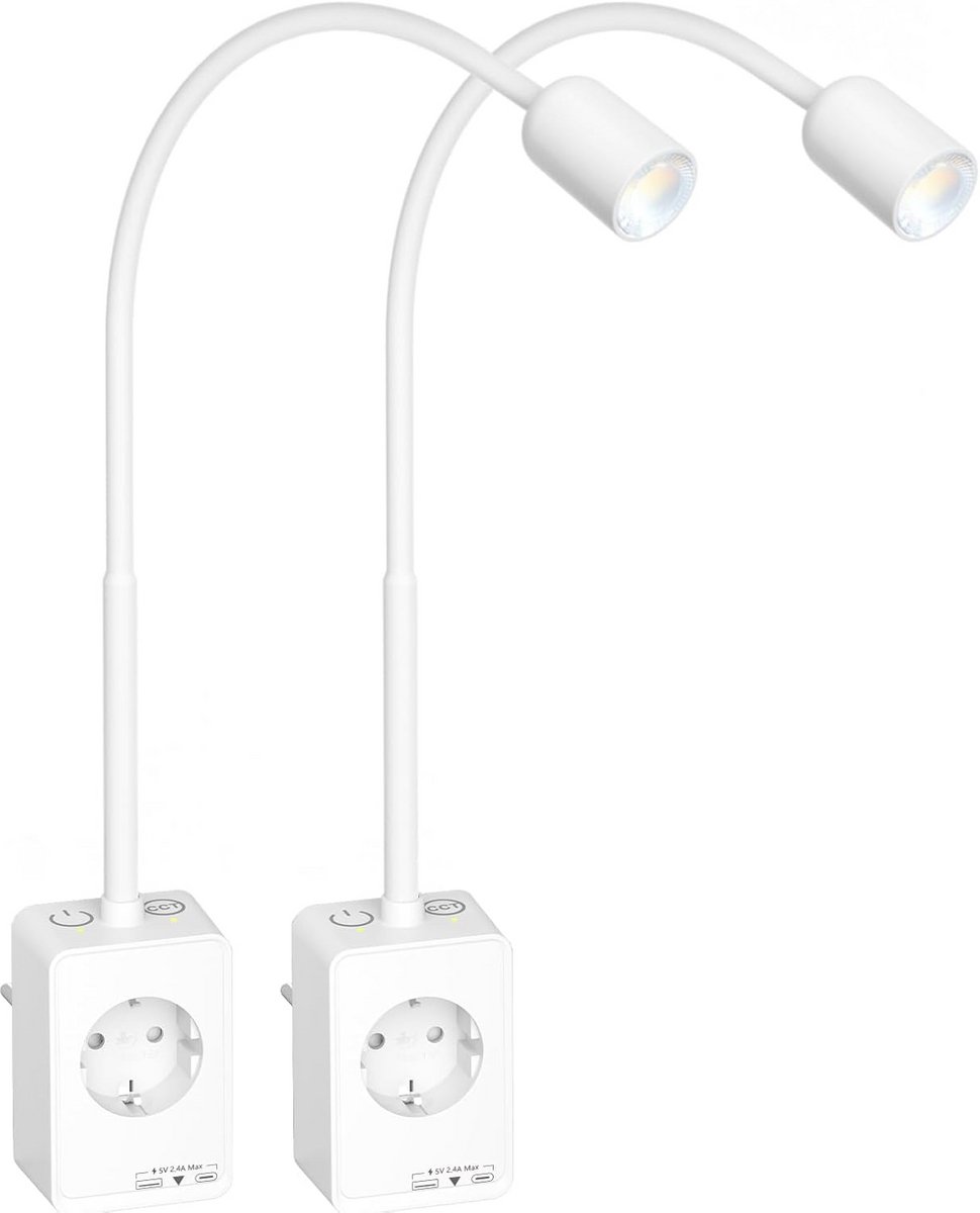 Dimbare LED Wandlamp met Stopcontact en USB Oplaadpoorten, 2 Stuks Flexibele Leeslampen