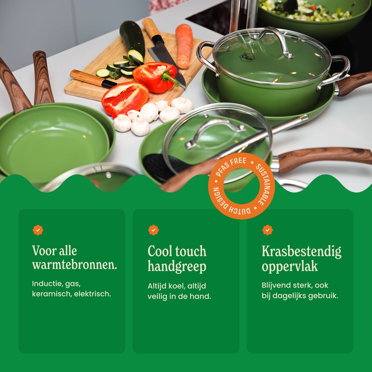 Cook & Pan 9-Delige Pannenset Groen - PFAS vrij - Alle Warmtebronnen - Pannen Set met 7 jaar Garantie - Krasbestendige Anti Aanbaklaag - Vaatwasserbestendig - Gas, Inductie, Elektrisch, Oven - Koekenpan, Wokpan, Steelpan, Hapjespan, Kookpot – foto 2
