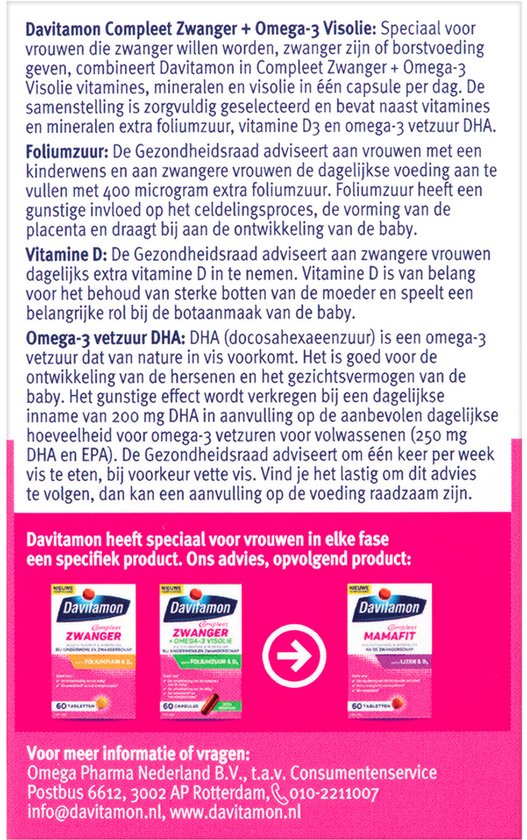Davitamon Mama Compleet Zwanger Omega 3 Visolie met Foliumzuur - Multivitamine zwangerschap met vitamine D3 - 60 stuks zwangerschapsvitaminen