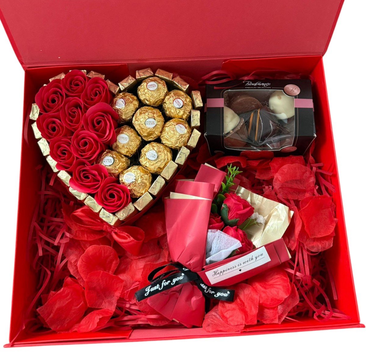 Nina’s Giftshop® Valentijn Cadeaubox – Chocolade Hart met Ferrero Rocher – Kunstrozen – Cadeauset – Luxe Geschenkdoos voor Haar