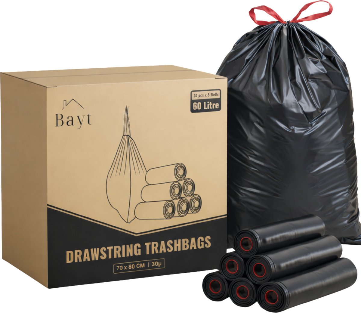 Bayt Vuilniszakken - 60 Liter - 20 stuks per set - Afvalzakken - 70x80 cm - Doos van 6 stuks - Zwart