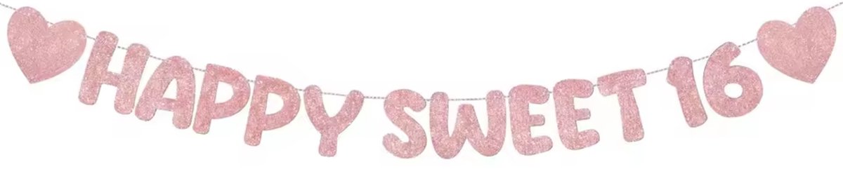 Banner Happy Sweet 16 rosé goud - 16 - sweet 16 - slinger - verjaardag - banner - rosé goud - decoratie - feest - party