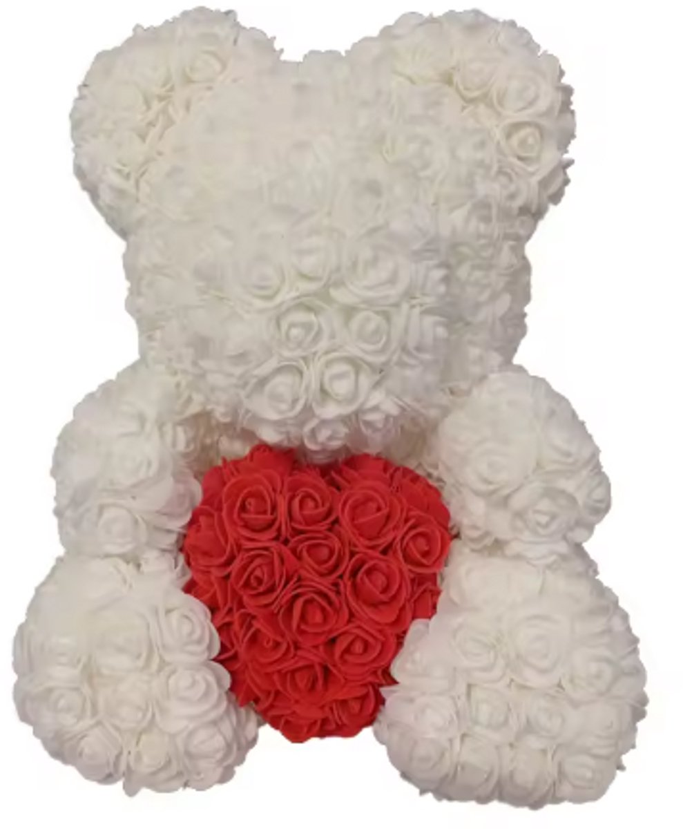 Witte Rozenbeer 40 cm met Rood Hart – Teddybeer van Kunstrozen – Cadeaudoos + Zwart Lint (los meegeleverd)