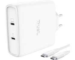 Trust Maxo 100W GaN USB-C Oplader – 2x USB-C Poorten – Snel Laptop, Tablet & Smartphone Opladen – Compact en Efficiënt – Geschikt voor Windows Laptops, MacBooks, Android & iPhone – 2m kabel - Wit