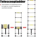 Diagram met drie maten van de zilveren telescoopladder: ingeklapt, half uitgeschoven en volledig uitgeschoven.