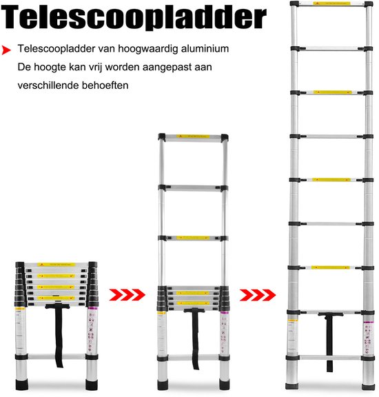 Diagram met drie maten van de zilveren telescoopladder: ingeklapt, half uitgeschoven en volledig uitgeschoven.