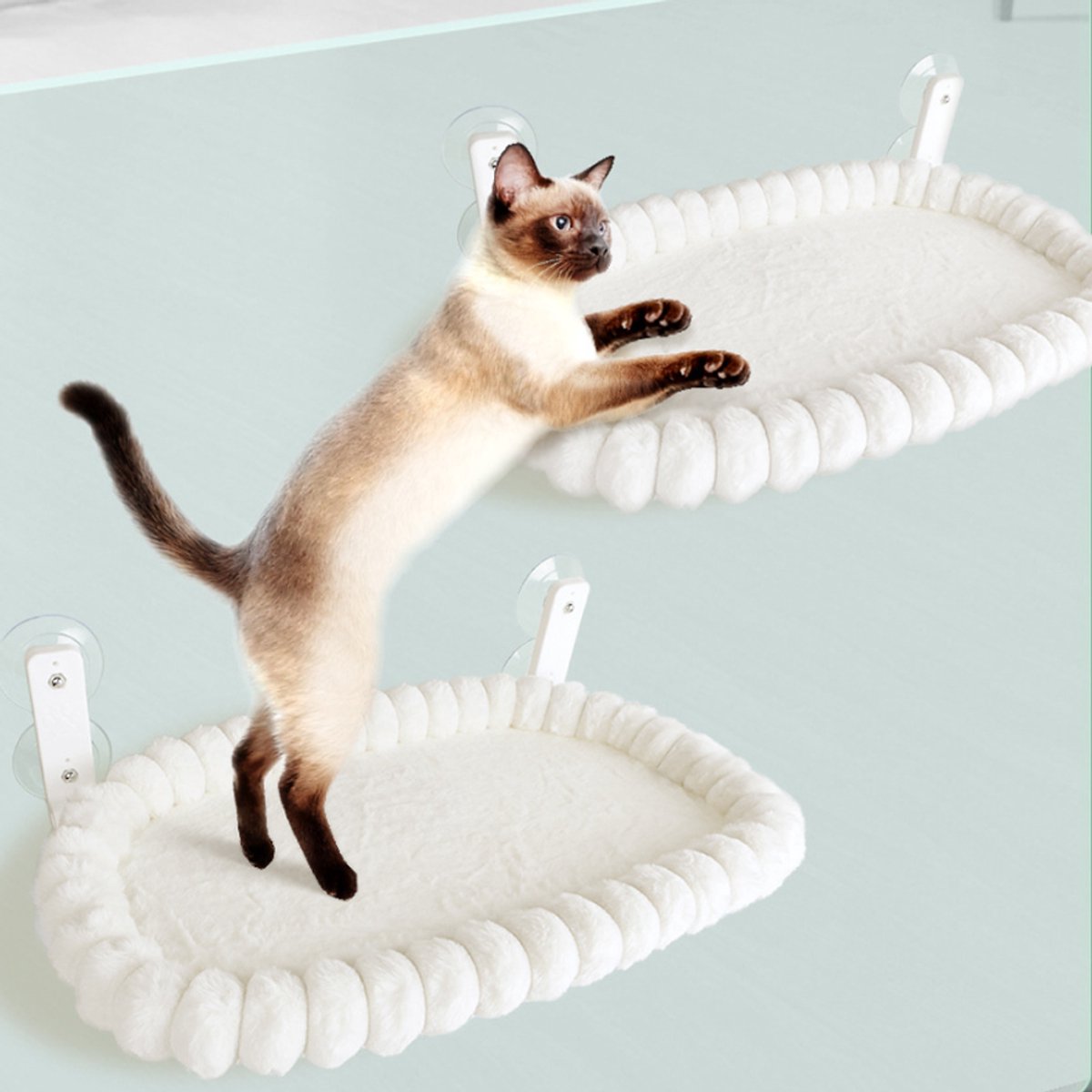 Kattenbed - 1stuk huisdierbed - Kattenraamzitstok - Metalen frame met vierzijdige kussens - Superzacht - Machinewasbaar bed - Pluche hek - Huisdierbenodigdheden - Raamhangmat voor grote katten en kittens - Draagvermogen 15 kg - 30 x 52 cm - Wit – foto 2
