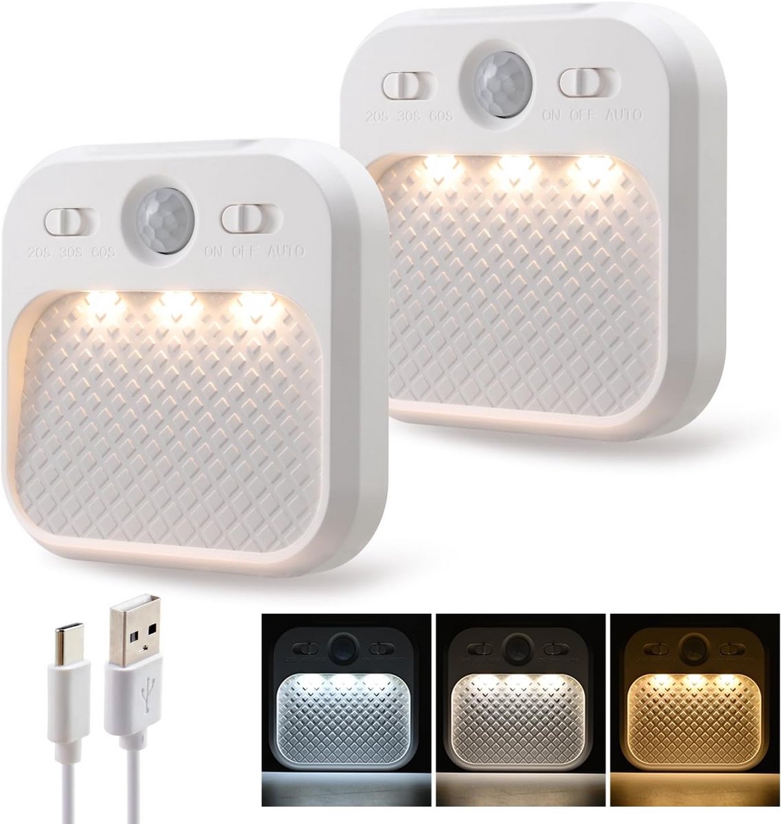 Set van 2 Oplaadbare LED Nachtlampjes met Bewegingssensor en Timer