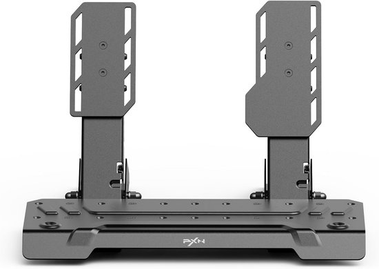 Zilverkleurig metalen pedaalstel met twee pedalen en een breed basisplateau. Tekst: PXN