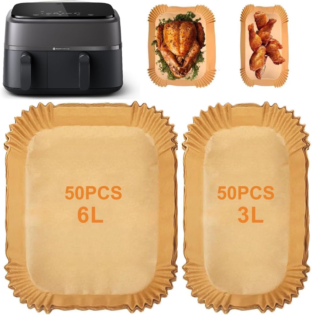 Imperatoris - bakpapier airfryer - 100 stuks - bakpapier - Airfryer Accesoires - bakpapier airfryer vierkant - 24 x16 cm - 3 en 6 L -Bakpapiervellen - airfryer wegwerpbakjes - Hittebestendig en Vetvrij Airfryer Bakpapier