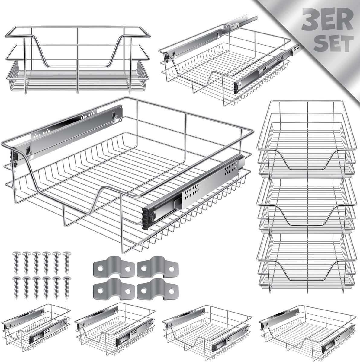 KESSER® Keukenlade / Telescopische lade / Keukenkast / Mand uittrekbaar / Kast uittrekbaar / Volledig uittrekbaar / Lade - 3x 50cm - Zilver