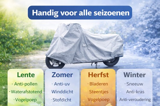 Motorhoes in de buitenlucht met de tekst 'Handig voor alle seizoenen' en seizoensgebonden bescherming.