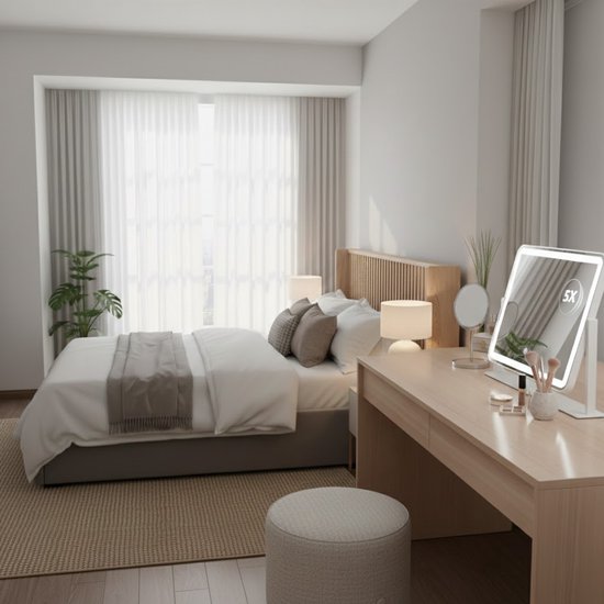 Verlichte make-upspiegel met 5x vergroting op een houten kaptafel.