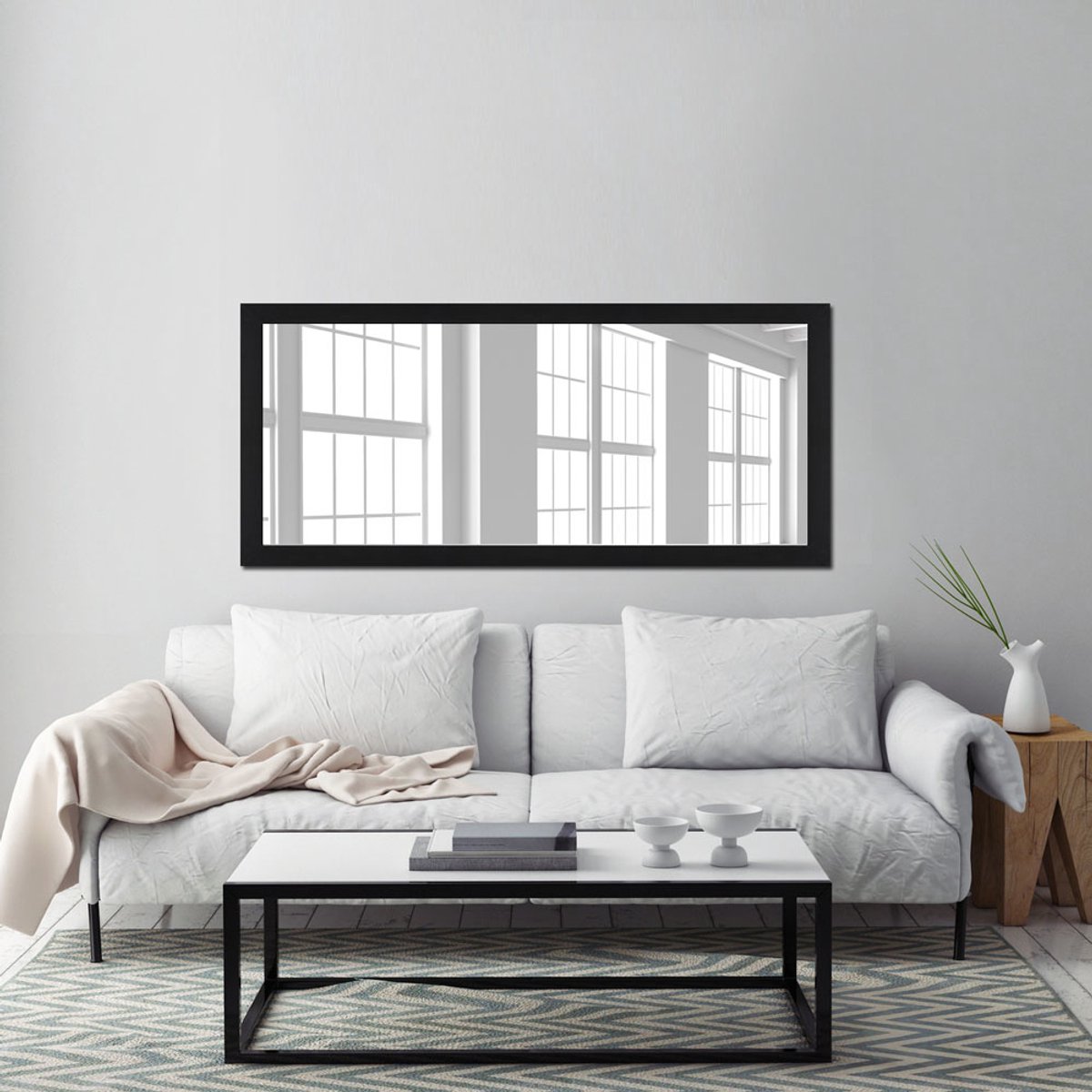 Houten Wandspiegel - Spiegel Rechthoek -Zwart - Spiegel Houten Lijst - Met Facet - Modern 74x134 cm